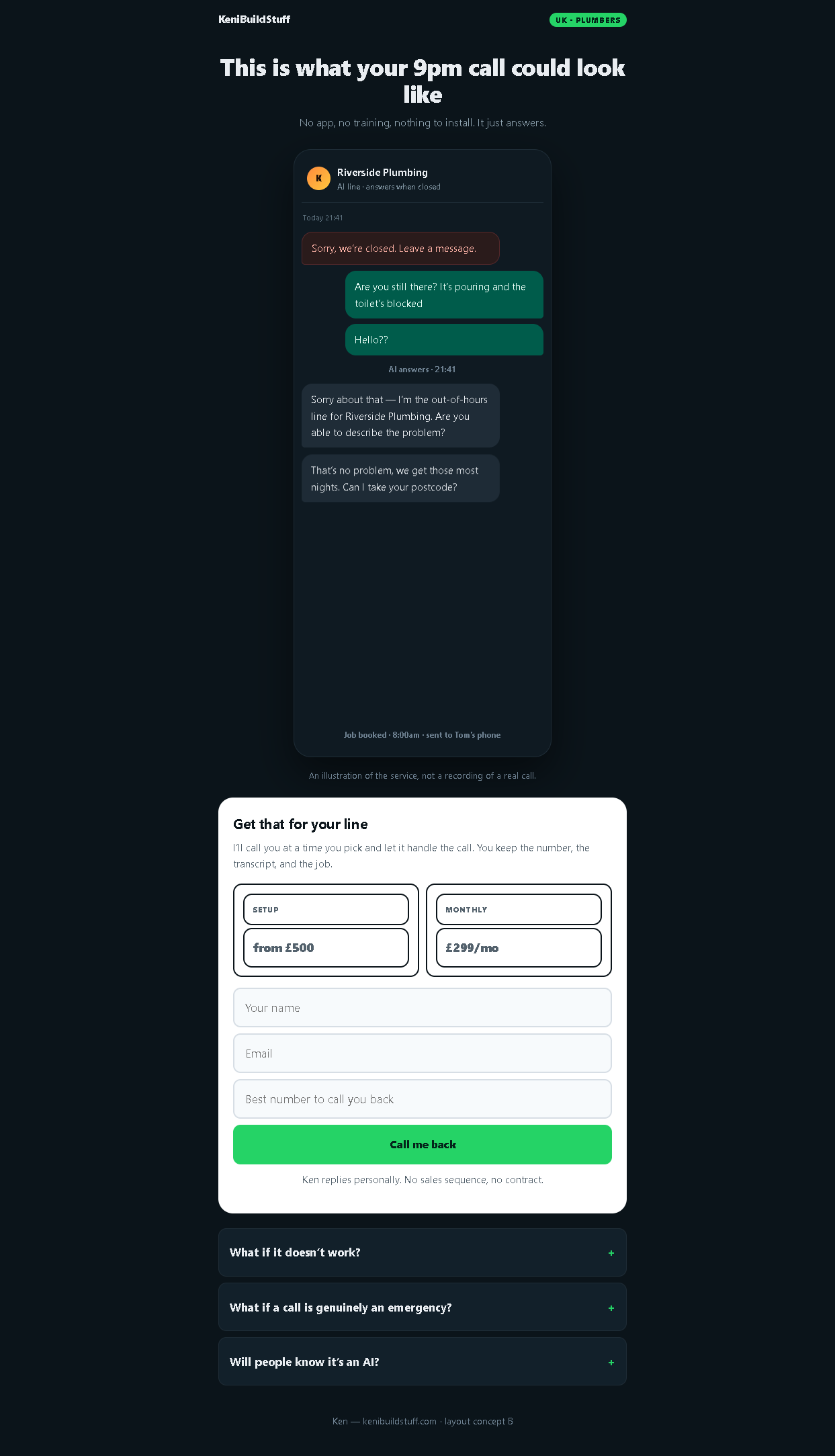 Screenshot of a personalised outreach page generated by the funnel system, showing localised pricing and a single call to action